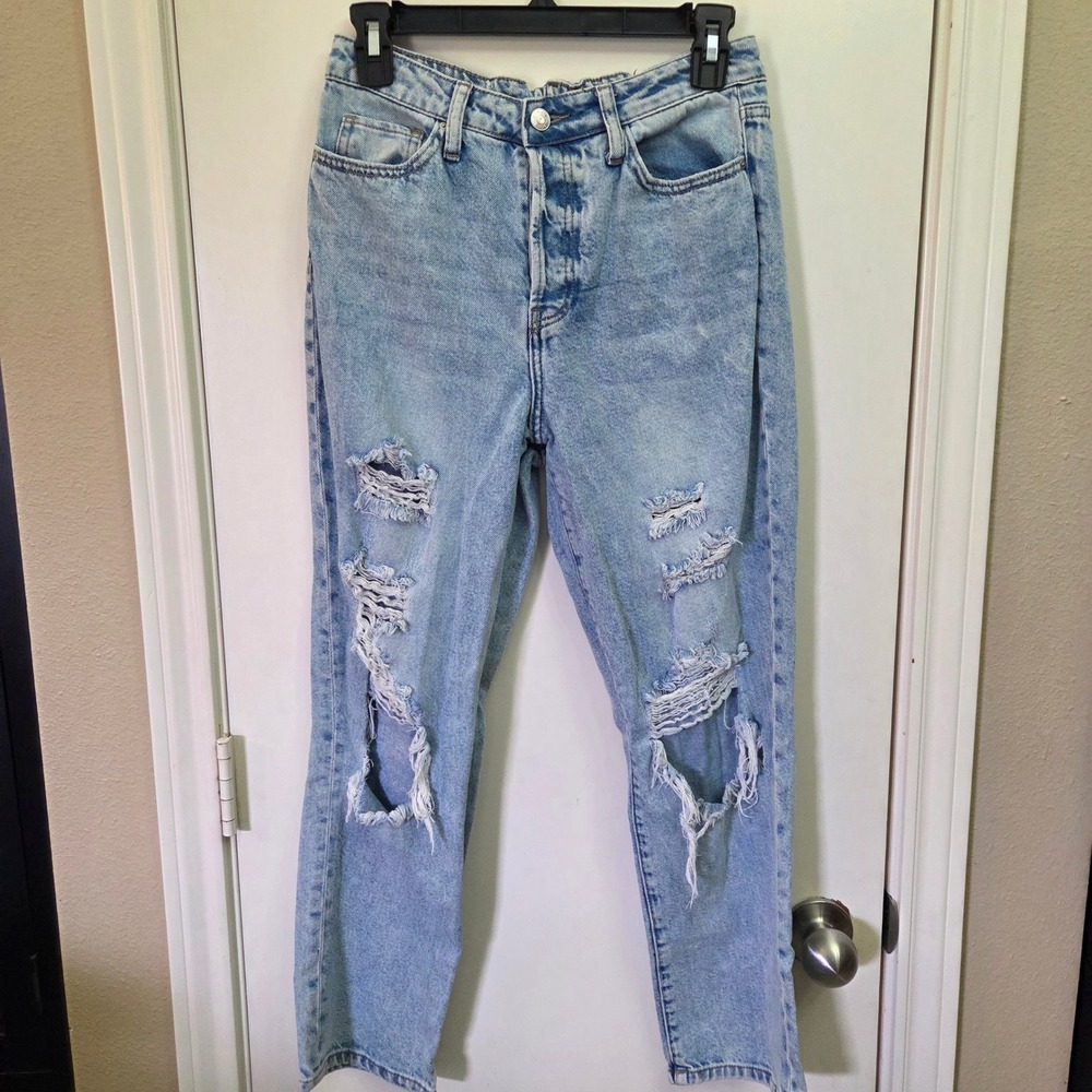 Simple Society Distressed High Waisted Mom Jeans Light Wash Blue Size 5/27